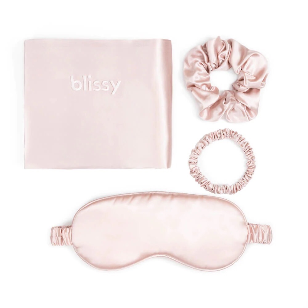 NWT 🎀 BLISSY 🎀 Silk Dream Set Pink Queen Pillowcase, Sleep Mask, 2 Scruchies